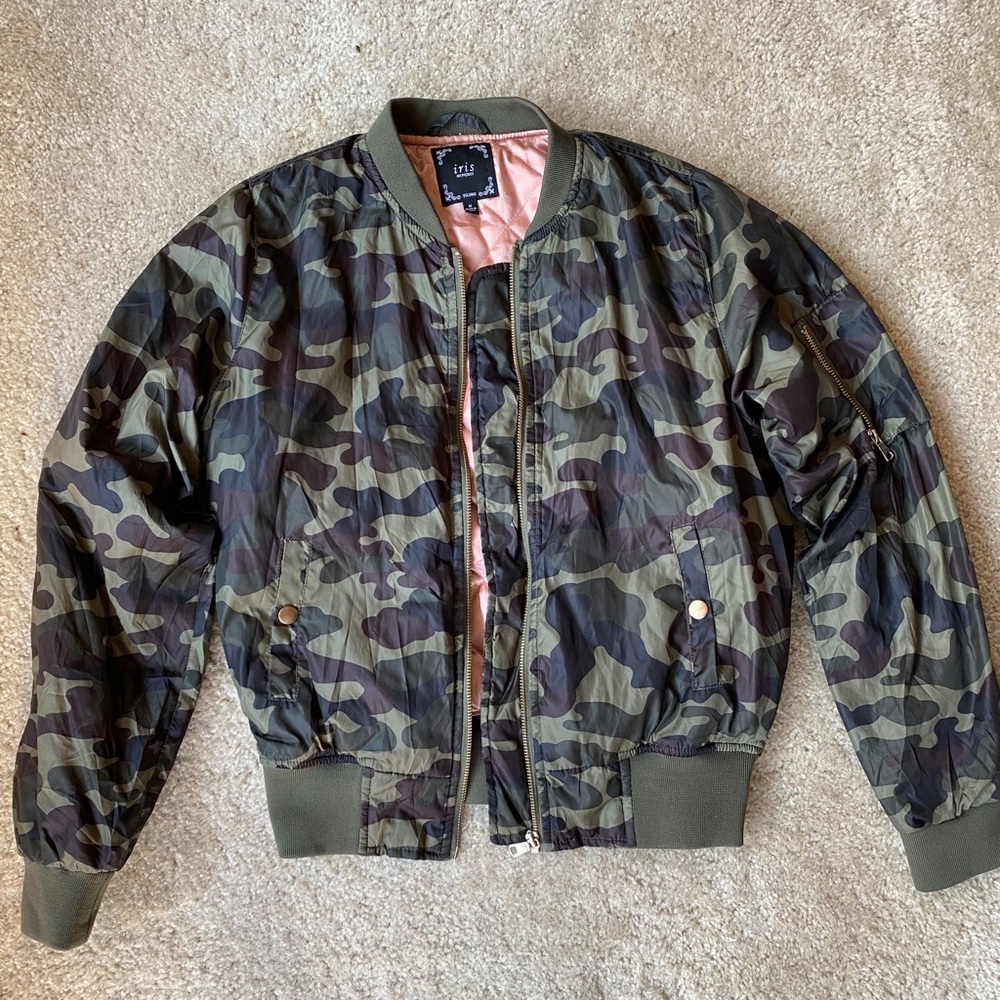 Camo Insulated Bomber Jacket with Pink Lining